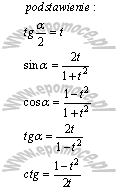 matematyka wzory Funkcje trygonometryczne kąt alfa wyrażone przez tangens połowy kąta